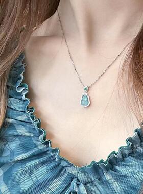 s925银天然蓝水翡翠葫芦吊坠镶嵌小清新精致女小众百搭