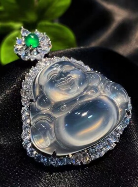 天然高冰玉髓绿玉髓佛公吊坠项链媲美翡翠镶玉髓高冰佛公项链