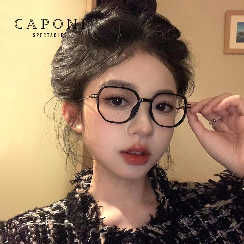 CAPONI黑框眼镜女防蓝光近视可配度数圆脸显脸小平光素颜眼睛框架_虎窝淘
