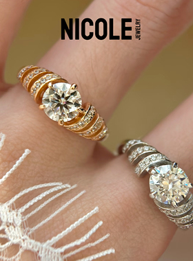Nicole Jewelry 925银镀金中古风拉丝牛角包镶钻戒指女小众设计感