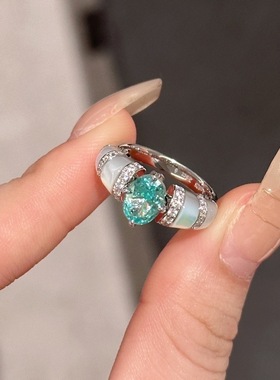Nicole S925纯银vintage中古风帕拉伊巴碧玺白贝戒指女薄荷绿新款
