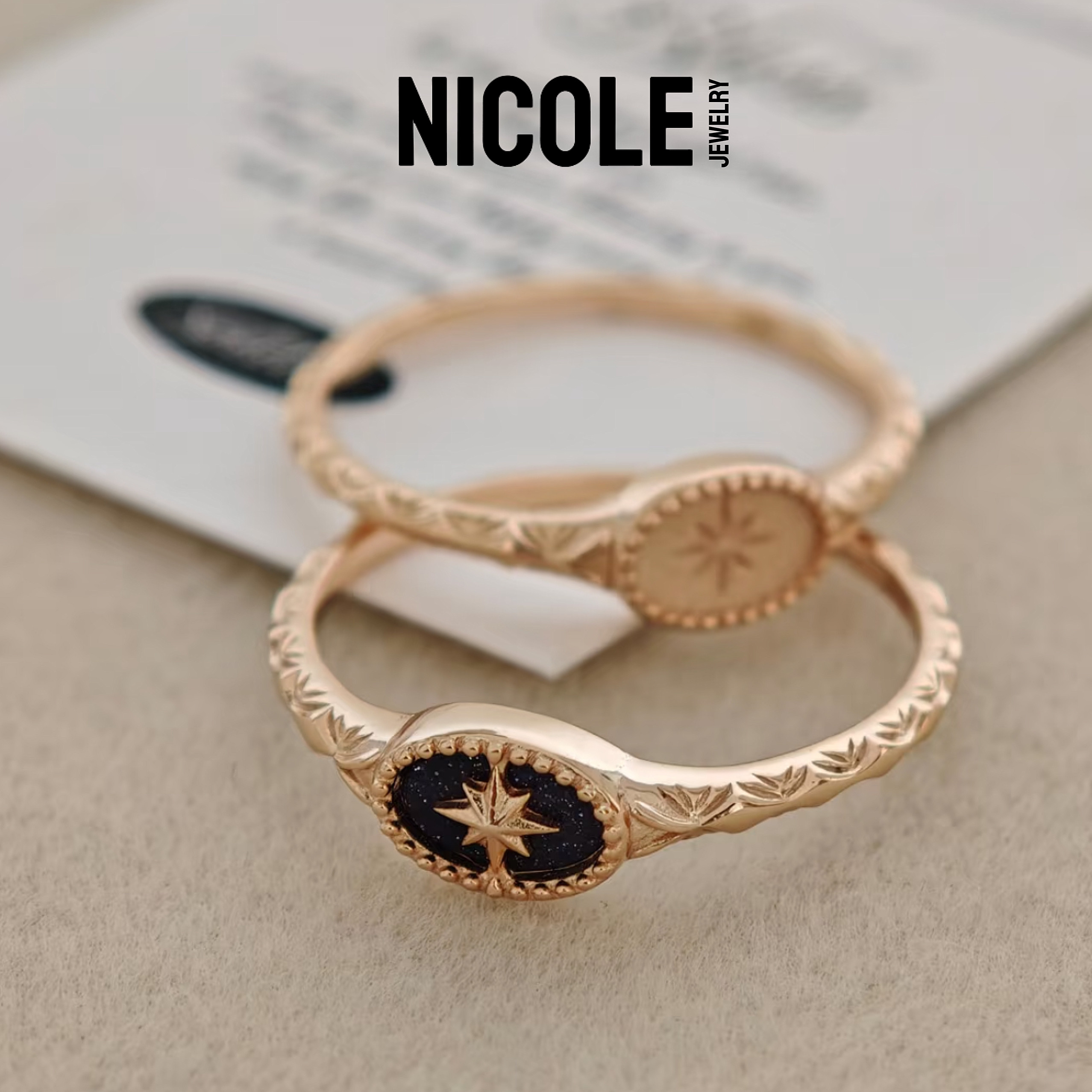 Nicole Jewelry Medieval Eight-pointed Star Oval Ring Blue Sand Starry Sky Sandblasted Carved Fine Circle S925 Silver