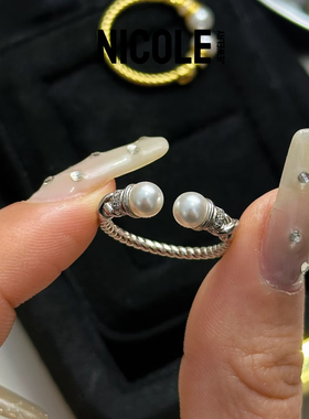 NICOLE JEWELRY珍珠戒指女小众双珠银中开口古风复古麻花戒指s925