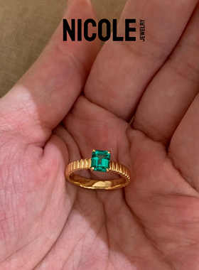 Nicole Jewelry 复古几何简约条纹罗缎培育祖母绿戒指 女小众轻奢