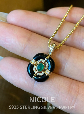 Nicole Jewelry 黑玛瑙祖母绿纯银项链轻奢重工锁骨链Artdeco风格
