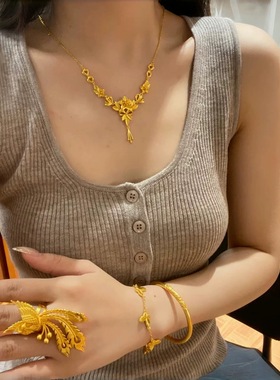 爆款新中式繁花似锦套链耳钉戒指婚嫁套装金色同款婚嫁首饰三生花