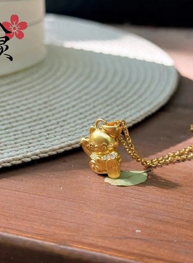 金色同款镶钻招财猫咪实心锁骨链