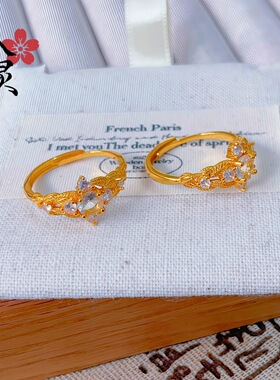 金色中古风复古拉丝月桂闪钻戒指树叶轻奢感设计开口食指戒