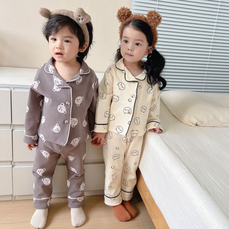 韩国儿童纯棉磨毛睡衣秋冬男童女孩宝宝洋气开衫长袖家居服两件套