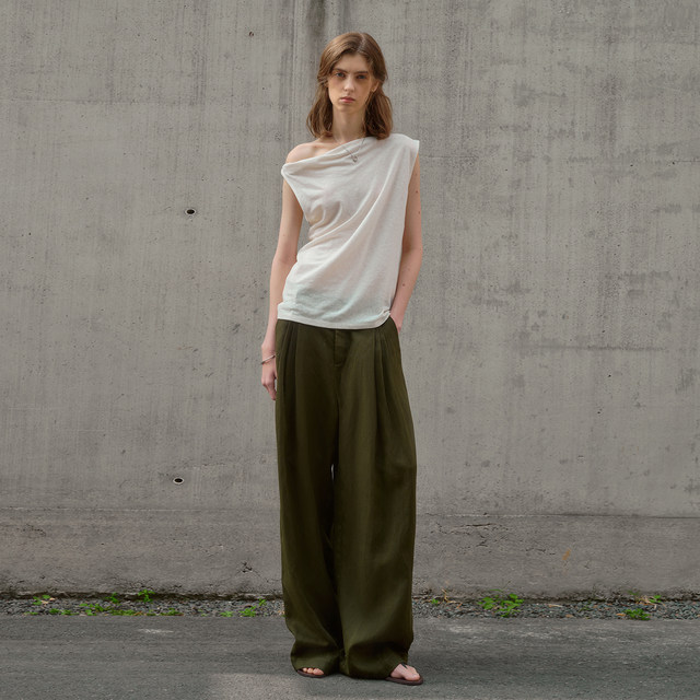 Olive green Tencel linen pants spring and summer thin breathable casual pants high-end wide-leg pants loose and lazy style