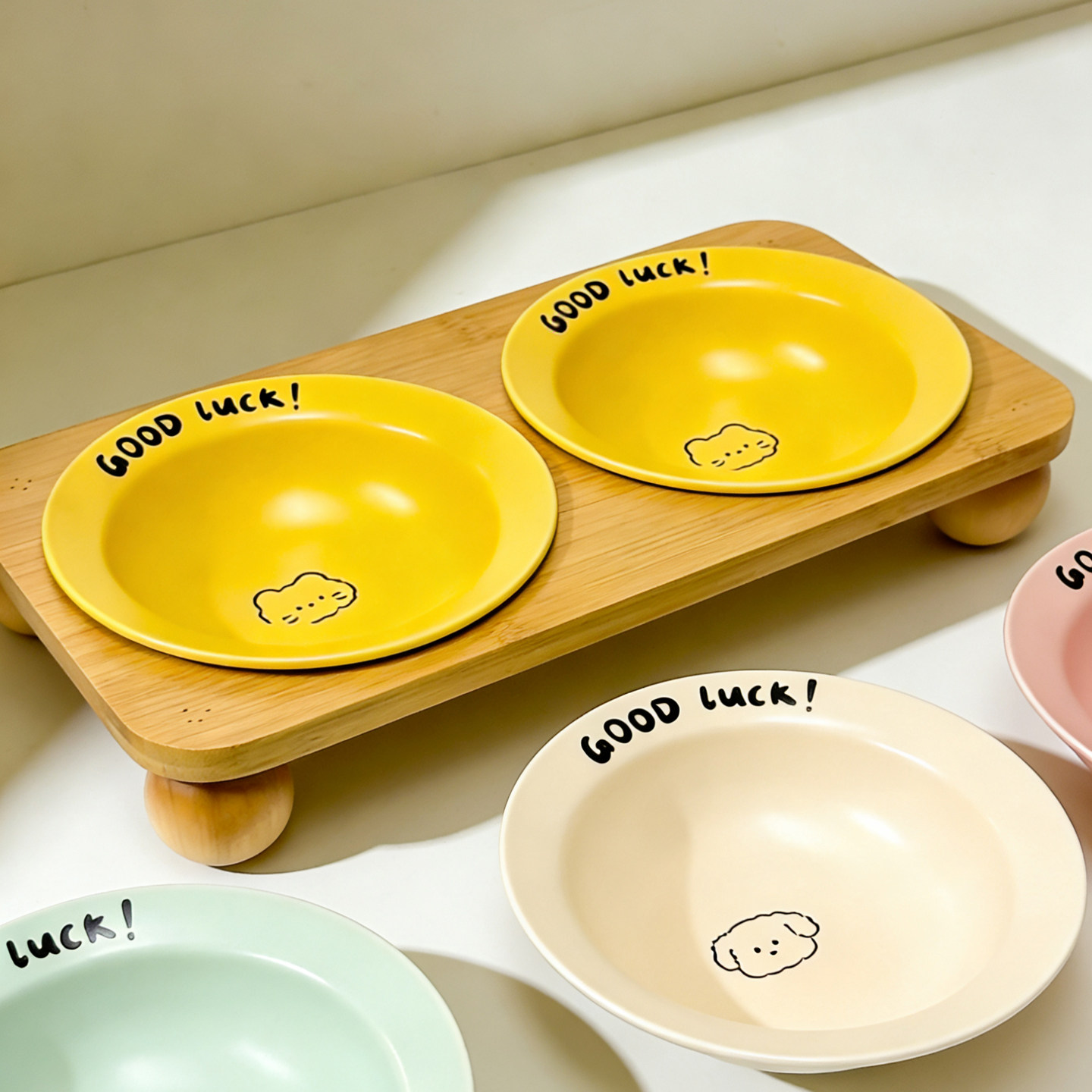 陶瓷宠物猫狗碗竹木双碗日韩BD飞碟猫食盆小狗盆碗护颈防黑下巴,淘宝优惠券,粉丝福利购,淘宝优惠卷