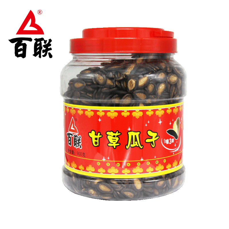 百联瓜子甘草味大片黑西瓜籽900g桶装罐装休闲零食年货送礼 - 图1