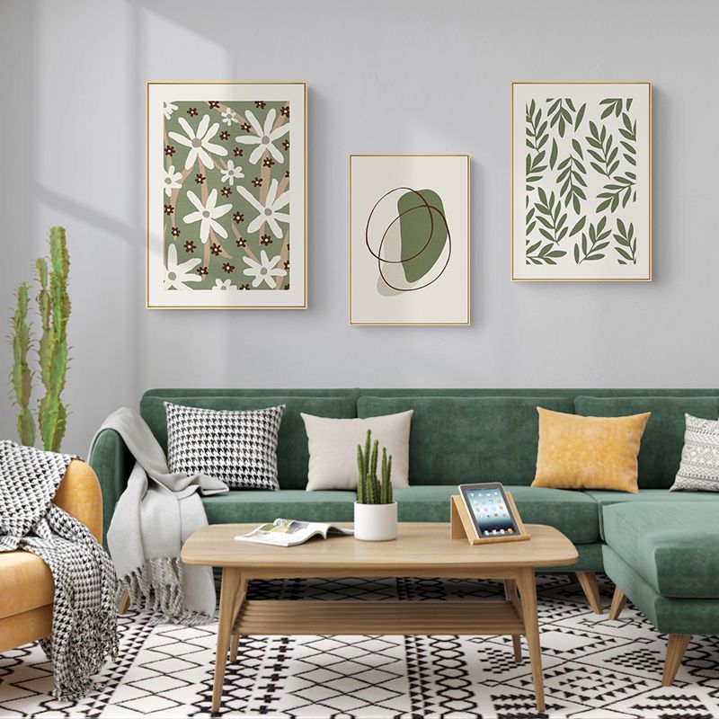 北欧原木风客厅装饰画绿色组合现代简约沙发背景墙画挂画抽象壁画