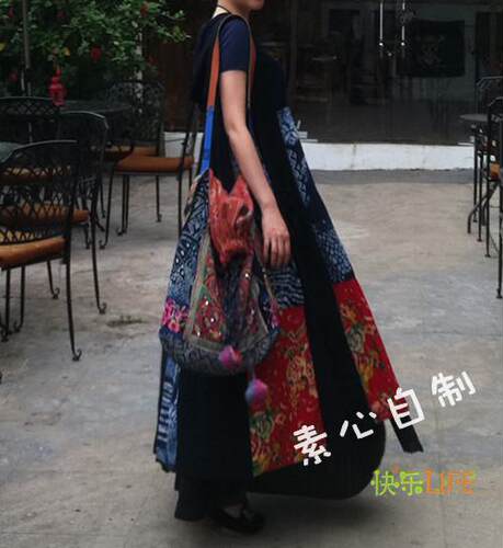 【花之语】素心民族风棉麻连衣裙文艺范女春夏宽松背心裙拼接长裙 - 图1