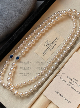 S家正圆强光奥白色珍珠项链女法式高档气质复古高级感蓝宝锁骨链