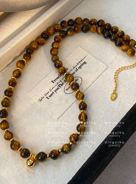 虎眼石串珠项链秋冬毛衣链轻奢小众高级感锁骨链复古天然石颈链女