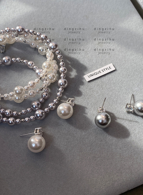 高级感S家灰珍珠项链女闪钻小方糖吊坠颈链轻奢小众赫本风锁骨链