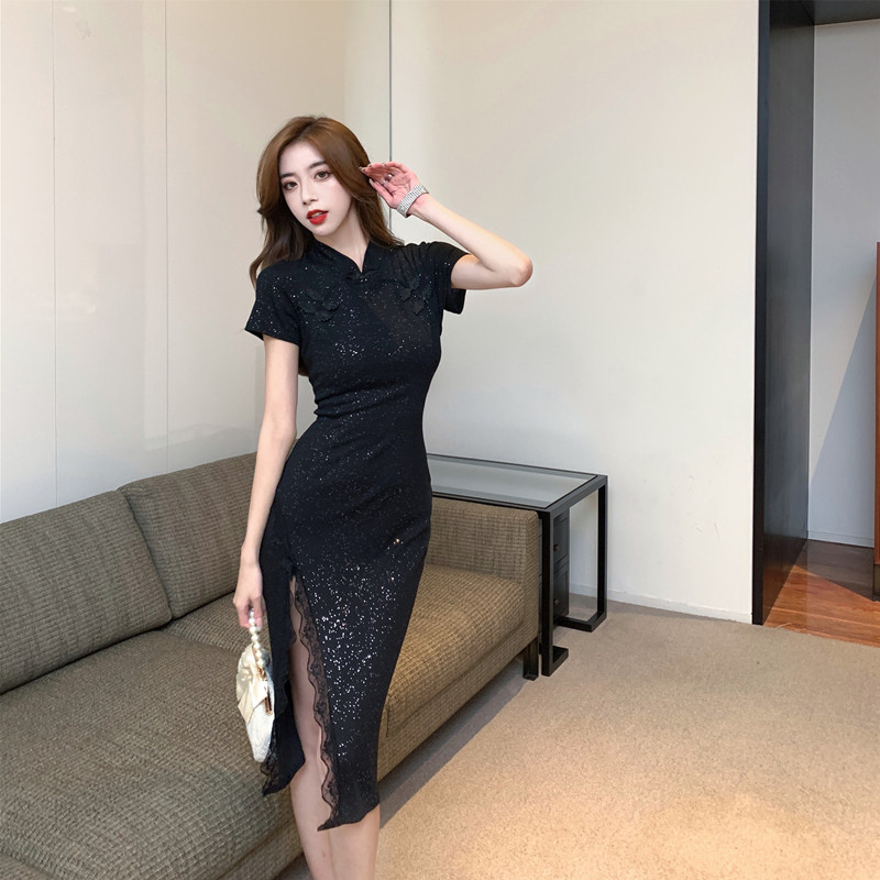 司藤蚀骨改良旗袍夏季名媛年轻款性感蕾丝开叉闪光显瘦气质连衣裙