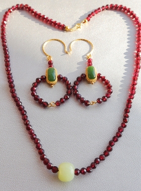 刻面酒红石榴石和田玉银扣颈链