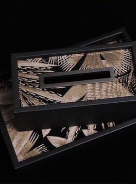 现代简约黑色皮革布艺纸巾盒托盘摆件样板间家居桌面收纳装饰品