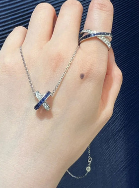 缘系一生交叉蓝宝石项链 女纯银白金色X形字母双色锁骨链高级设计