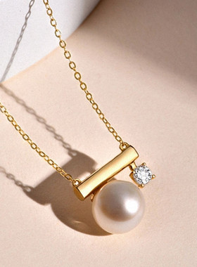 日系单钻平衡木珍珠项链 女纯银镀18K黄金色锁骨链小众设计百搭潮