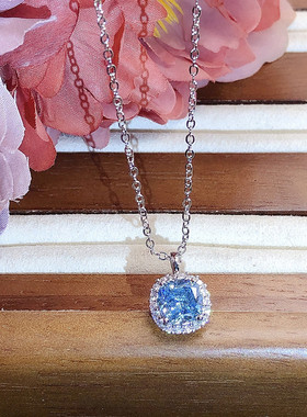 圣玛利亚方形海蓝宝项链女纯银白金满钻方糖方块吊坠锁骨链气质潮