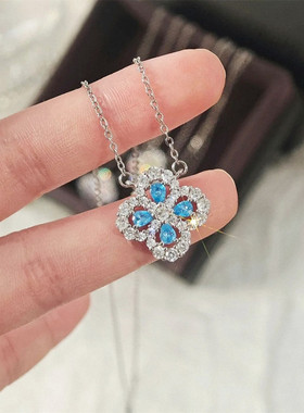 四叶草项链女纯银白金镶钻海蓝宝幸运草吊坠锁骨链轻奢高级感礼物