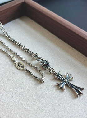 单球十字架项链女纯银做旧白金色长链复古潮酷嘻哈风个性男女同款