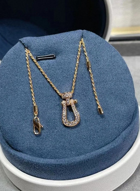 中号竖版马蹄扣项链 纯银玫瑰金黄金色满钻U型麻花链锁骨链男女潮