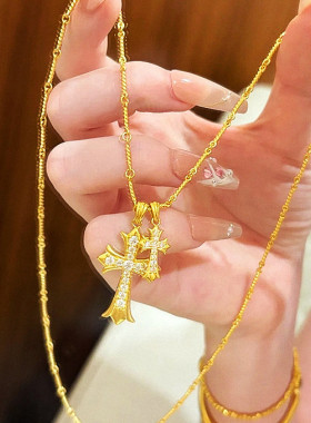 双十字架项链 纯银镀18K黄金色镶钻大小十字架吊坠锁骨链男女情侣