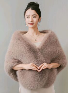 婚纱披肩冬季新款高端加厚新娘敬酒服旗袍狐狸毛皮草斗篷披肩外搭