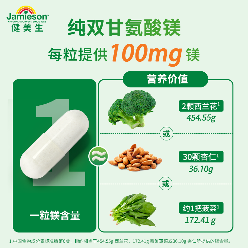 Jamieson健美生甘氨酸镁螯合镁胶囊补充剂睡眠高含量镁补充剂进口