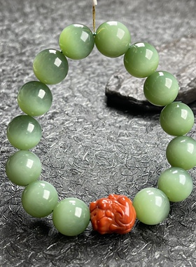 新疆和田玉俄罗斯碧玉粉青绿猫眼男女款手串手链收藏级南红貔貅