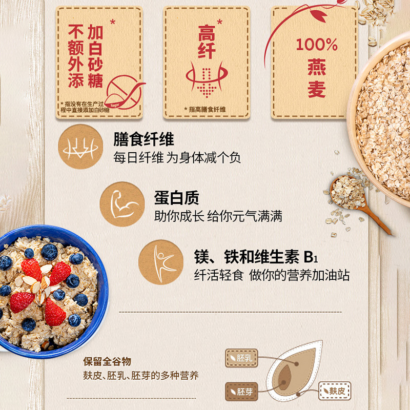 桂格快煮纯燕麦片谷物1000g*3袋原味煮食懒人早餐冲饮囤货-图1