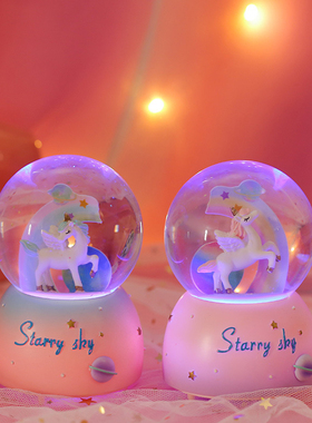 独角兽雪花八音盒小女孩水晶球