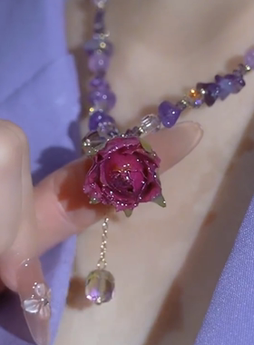 春款玫紫色真鲜花花朵项链复古项链紫水晶真珍珠颈链清新锁骨链