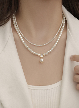双层叠戴锆石吊坠珍珠项链女小众设计锁骨链2025新款爆款气质颈链