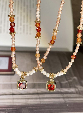 轻奢红色锆石项链小众时尚设计感水晶串珠锁骨链高级颈链气质时尚