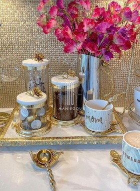 欧式轻奢大理石餐桌厅花瓶茶叶罐金色摆件装饰工艺品置物收纳托盘