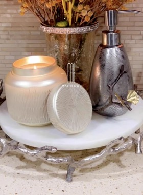 进口手工天然大理石餐桌厅铝制金枝摆件装饰品工艺品置物收纳托盘