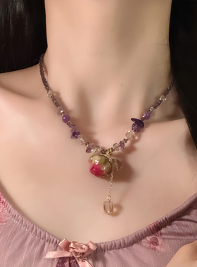 山沐手作「紫馧花雅」新中式紫色水晶串珠花朵项链女款高级感颈链