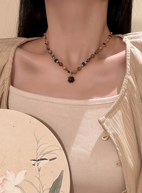 山沐手作「珀色沉秋」美拉德复古虎眼石串珠项链女锁骨链百搭颈链