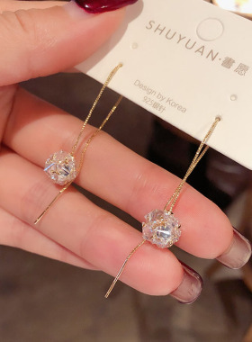 韩版简约百搭锆石钻球耳环气质长款流苏耳线网红新款潮耳坠耳钉女