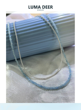 祈鹿｜天然海蓝宝 珍珠双层项链S925纯银简约精致颈链小众饰品女