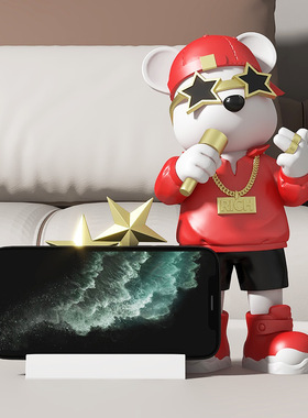 创意卡通暴力熊唱歌手机支架桌面摆件办公室卧室伴手礼新房装饰品