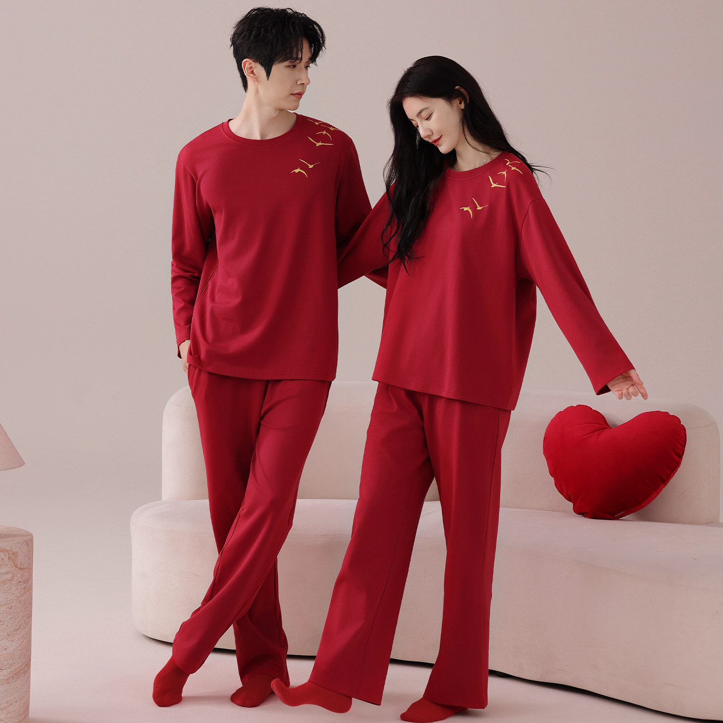 芬腾情侣睡衣春秋纯棉长袖套装男红色本命年结婚新婚大码家居服女,淘宝优惠券,粉丝福利购,淘宝优惠卷