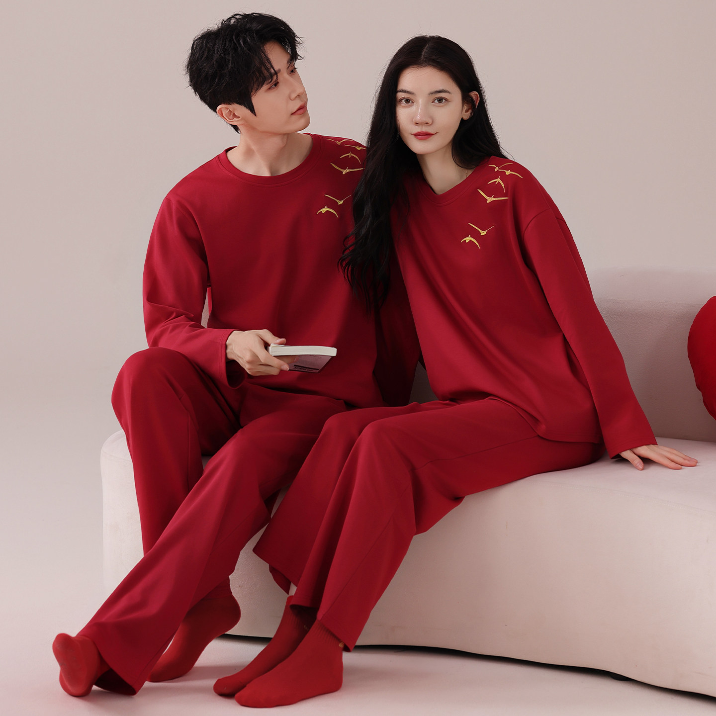 芬腾情侣睡衣春秋纯棉长袖套装男红色本命年结婚新婚大码家居服女,淘宝优惠券,粉丝福利购,淘宝优惠卷