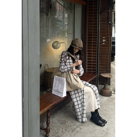 JMWOMEN Retro Art Plaid Long Sleeve Dress Women's Autumn Loose Fake Two-piece Design Long Shirt Skirt