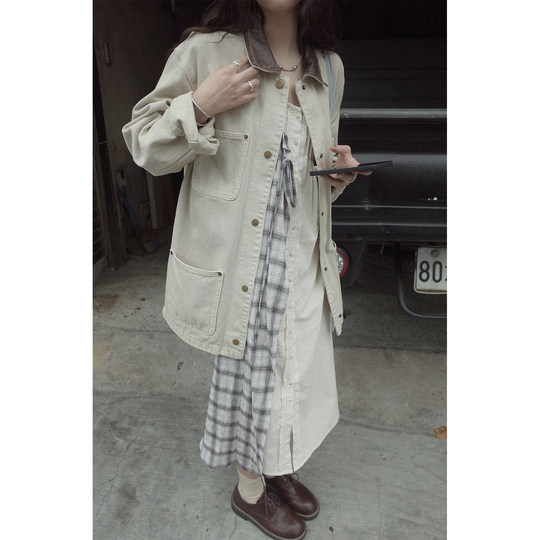 JMWOMEN Retro Art Plaid Long Sleeve Dress Women's Autumn Loose Fake Two-piece Design Long Shirt Skirt